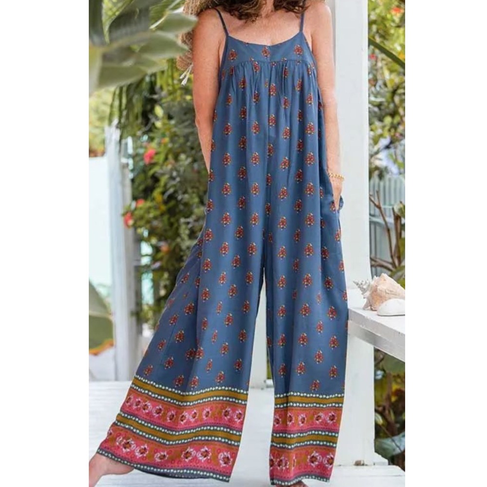 Natural Life Wide Leg Jumpsuit Womens M Blue Floral Boho Straps